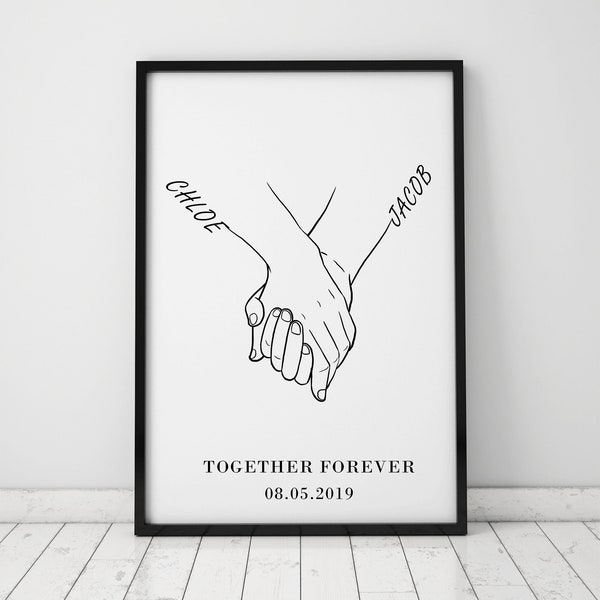 Ligne personnalisée main dans la main. Nom personnalisé couple main dans la main dessin cadeau Saint Valentin, affiche de mariage romantique fiançailles amour mains