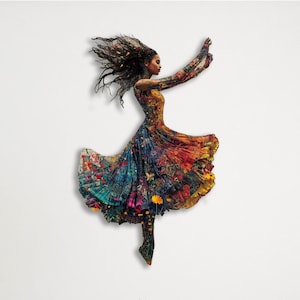 Arte murale in metallo Blooming Woman: design di abito floreale colorato