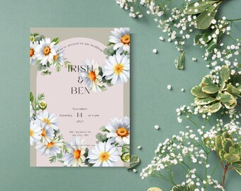 Daisy Invitation Editable in CANVA, Printable Wedding Invitation , Vintage Flowers, Floral, Botanical