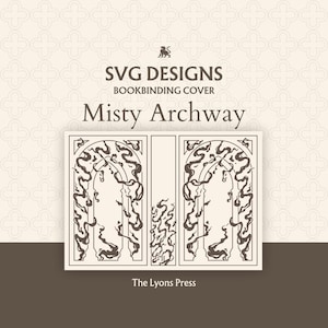 Puede incluir: Un archivo gráfico digital para una cubierta de encuadernación titulada Misty Archway. El diseño presenta un dibujo de líneas marrón oscuro de un arco rodeado de patrones de niebla sobre un fondo crema, con el texto The Lyons Press debajo.