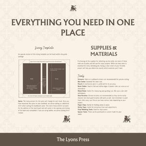 Pu&ograve; includere: Una guida informativa intitolata Everything You Need In One Place di The Lyons Press. Presenta un diagramma con un modello di dimensionamento per le copertine dei libri e un elenco di forniture e materiali, inclusi strumenti come forbici e pennelli.