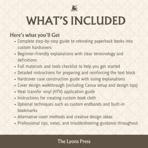 Pu&ograve; includere: Un grafico informativo beige intitolato WHAT'S INCLUDED con un logo di leone marrone scuro. Elenca i passaggi per rilegare libri tascabili in copertine rigide, inclusi elenchi di materiali, guide alla costruzione e suggerimenti tecnici.