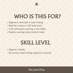Pu&ograve; includere: Un grafico informativo beige con un motivo a quadrifoglio ripetuto e testo marrone scuro. L'intestazione recita WHO IS THIS FOR? seguita da un elenco di destinatari, poi SKILL LEVEL con dettagli sui requisiti per principianti e The Lyons Press.