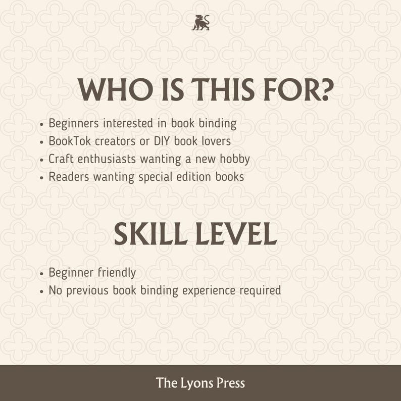 Pu&ograve; includere: Un grafico informativo beige con un motivo a quadrifoglio ripetuto e testo marrone scuro. L'intestazione recita WHO IS THIS FOR? seguita da un elenco di destinatari, poi SKILL LEVEL con dettagli sui requisiti per principianti e The Lyons Press.