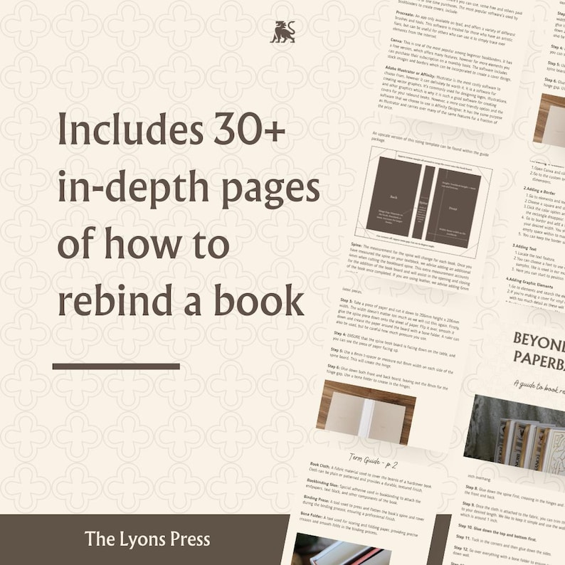Pu&ograve; includere: Una guida digitale intitolata Includes 30+ in-depth pages of how to rebind a book di The Lyons Press. Il documento presenta testo didattico, diagrammi di copertine di libri, istruzioni passo-passo per la rilegatura e un glossario su sfondo chiaro.