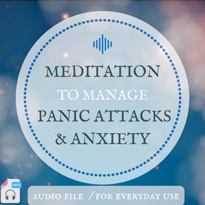 Può includere: Un cerchio blu con sfondo bianco e bordo punteggiato. Il testo "Meditazione per gestire gli attacchi di panico e l'ansia" è scritto in nero. Il testo "File audio / Per uso quotidiano" è scritto in nero sotto il cerchio. Un'icona di file MP3 si trova nell'angolo in basso a sinistra.