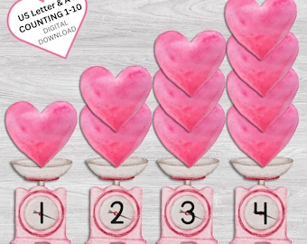 Valentine&#39;s Day Counting 1-10, counting 1-10, math printables, scales counting, file folder games, busy book, Valentine&#39;s Day activities