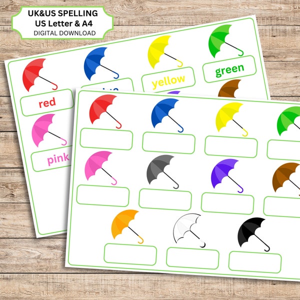 Colour umbrellas, colour matching game, colour matching, colour worksheets, toddler printables, preschool printables, colour busy book page