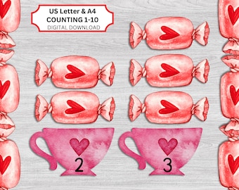 Valentine counting 1-10, counting activity, count 1-10, math printables, counting file folder game, number busy book, sweets counting