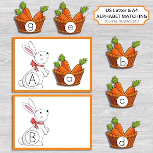 Coincidencia de alfabeto de conejo y zanahoria, tarjetas de combinación de alfabeto, juego de alfabeto, letras mayúsculas y minúsculas, reconocimiento de letras