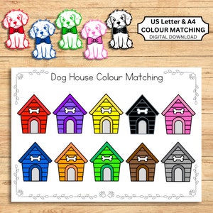 犬小屋の色合わせ、色合わせアクティビティ、カラーファイルフォルダーゲーム、カラービジーブックページ、ホームスクールの印刷物