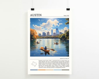 Austin Wall Art Print und Poster | Kayak Dame Bird Lake | Austin Malerei | Austin Geschenk | Vintage Texas Reiseplakat | Austin Dekor