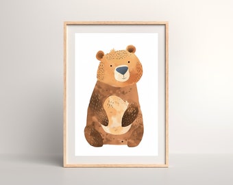 Brown Bear Print Cute Safari animal Nursery Poster Playroom home decor Girls Boys Bedroom wall Art decor Birthday Gifts  Baby Shower Gift