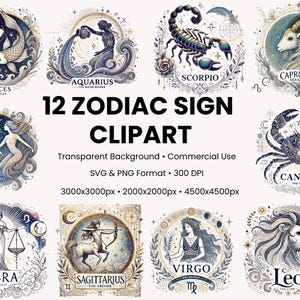 Zodiac Clipart Zodiac Sign Horoscope Clipart Zodiac Cards Bundle Celestial Clipart Zodiac Signs Designs Astrological Sign Clipart  PNG SVG