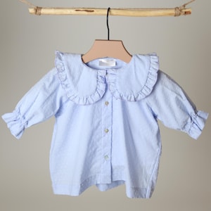Baby Blue Cotton Girl Shirt – Loose Lightweight Top with Ruffle Collar and Sleeves, Natural Elegant Blouse with Boho Touch for Toddlers