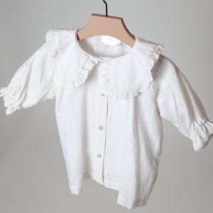 White Linen Ruffle Collar Shirt for Girls – Lightweight Loose Fit with Mid Sleeves and Soft Boho Style, Natural Fabric Kidswear Top