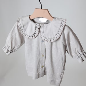 Beige Linen Ruffle Collar Shirt for Girls – Elegant Lightweight Blouse with Mid Sleeves, Natural Fabric, Loose Fit Boho Kidswear