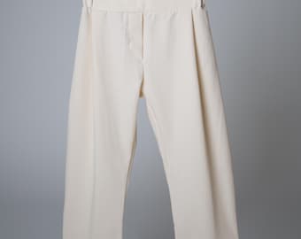 Unbleached Cotton Kids Trousers – Beige Wide Leg Pants, Elastic Waist