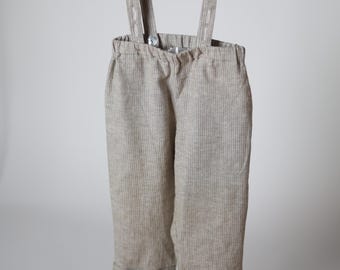 Pantalones de lino y algodón para bebé: pantalones verdes a rayas con tirantes extraíbles ocultos, conjunto clásico y ligero para bebé, estilo unisex natural.