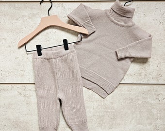 Ensemble pull luxueux en laine mérinos pour bébé et tout-petit et pantalon taille haute, coffret cadeau en laine mérinos beige de qualité supérieure pour bébé et tout-petit