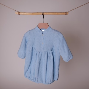 Embroidered Baby Blue Girl Overall – Soft Cotton Floral Baby Romper, Oversized Infant Jumpsuit, Snap Button Baby Outfit, Mid Sleeve Onesie