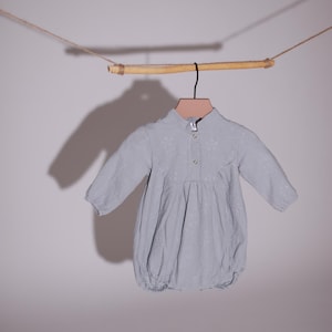 Pale Blue Embroidered Baby Girl Overall – Cotton Flower Romper, Loose Fit Baby Jumpsuit, Soft Snap Infant Outfit, Collared Girl Overall