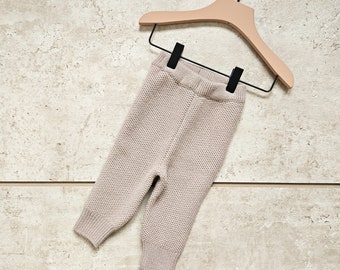 Pantalon taille haute en tricot de qualité supérieure pour bébé en laine mérinos, Pulls en laine mérinos pour bébés, Pantalon taille haute en laine mérinos beige pour bébé, Pantalons en tricot de laine pour bébé