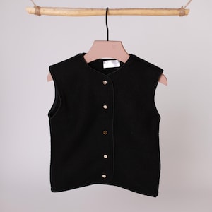 Elegant Classic Black Wool Kids Vest – Minimalist and Modern Baby Waistcoat, Snap Front Toddler Gilet, Oversized Warm Unisex Wool Vest