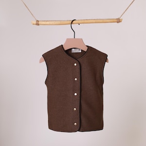 Brown Wool Kids Vest – Minimalist Baby Waistcoat with Snaps, Oversized Toddler Gilet, 100% Wool Vest with Black Trim, Kids Wool Waistcoat