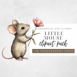 May include: A watercolor illustration of a cute little mouse holding a pink flower. The image is part of a clipart pack with 29 transparent PNGs for commercial use.