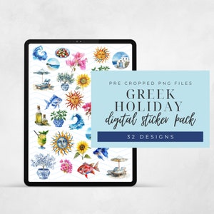 May include: A digital sticker pack featuring 32 watercolour illustrations of Greek holiday themes. The illustrations include a blue and white house, a red fish, a sunflower, a lemon tree, a glass of lemonade, a blue wave, and a sun with a smiling face. The text "PRE CROPPED PNG FILES GREEK HOLIDAY digital sticker pack 32 DESIGNS" is displayed on a blue background.