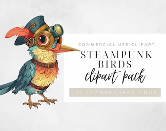 Quirky Bird Clipart BIRDS PNG CLIPART images for artwork print on demand quirky Steampunk pigeon instant download art commercial use