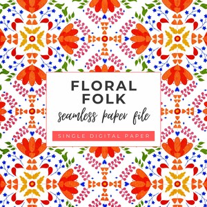 Puede incluir: Un archivo de papel digital sin costuras con un diseño floral folk. El patrón presenta flores y hojas naranjas, amarillas, rosas y azules sobre un fondo blanco. Se muestra el texto "FLORAL FOLK seamless paper file".