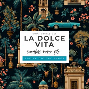 Może przedstawiać: Cyfrowy bezszwowy plik papieru z ciemnym tłem przedstawiającym ilustracje palm, budynków i zabytkowego kabrioletu. Tekst "LA DOLCE VITA" i "seamless paper file" są wyświetlane na białym prostokącie.