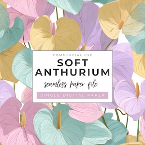 Anthurium Seamless Pattern Repeat, Pastel Flowers, Tropical Hawaiian, Scrapbooking, Journal, Craft, Fabric, Wallpaper INSTANT DOWNLOAD