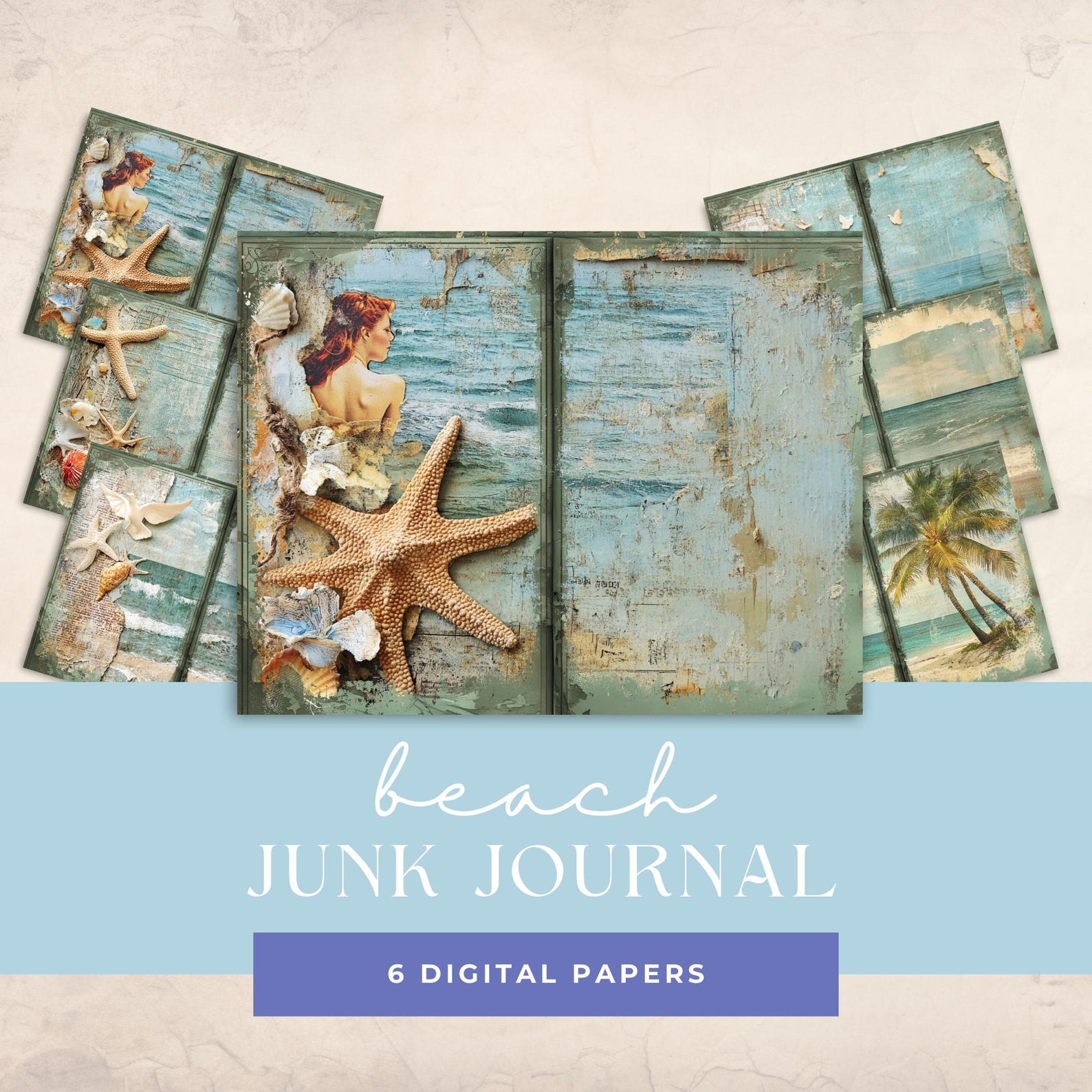 Beach Junk Journal Pages Digital Papers Coastal Sea Ocean Shells ...