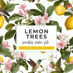May include: A digital paper design with a seamless pattern of lemon trees, hummingbirds, and pink and white blossoms. The design includes the text "COMMERCIAL USE LEMON TREES seamless paper file SINGLE DIGITAL PAPER".