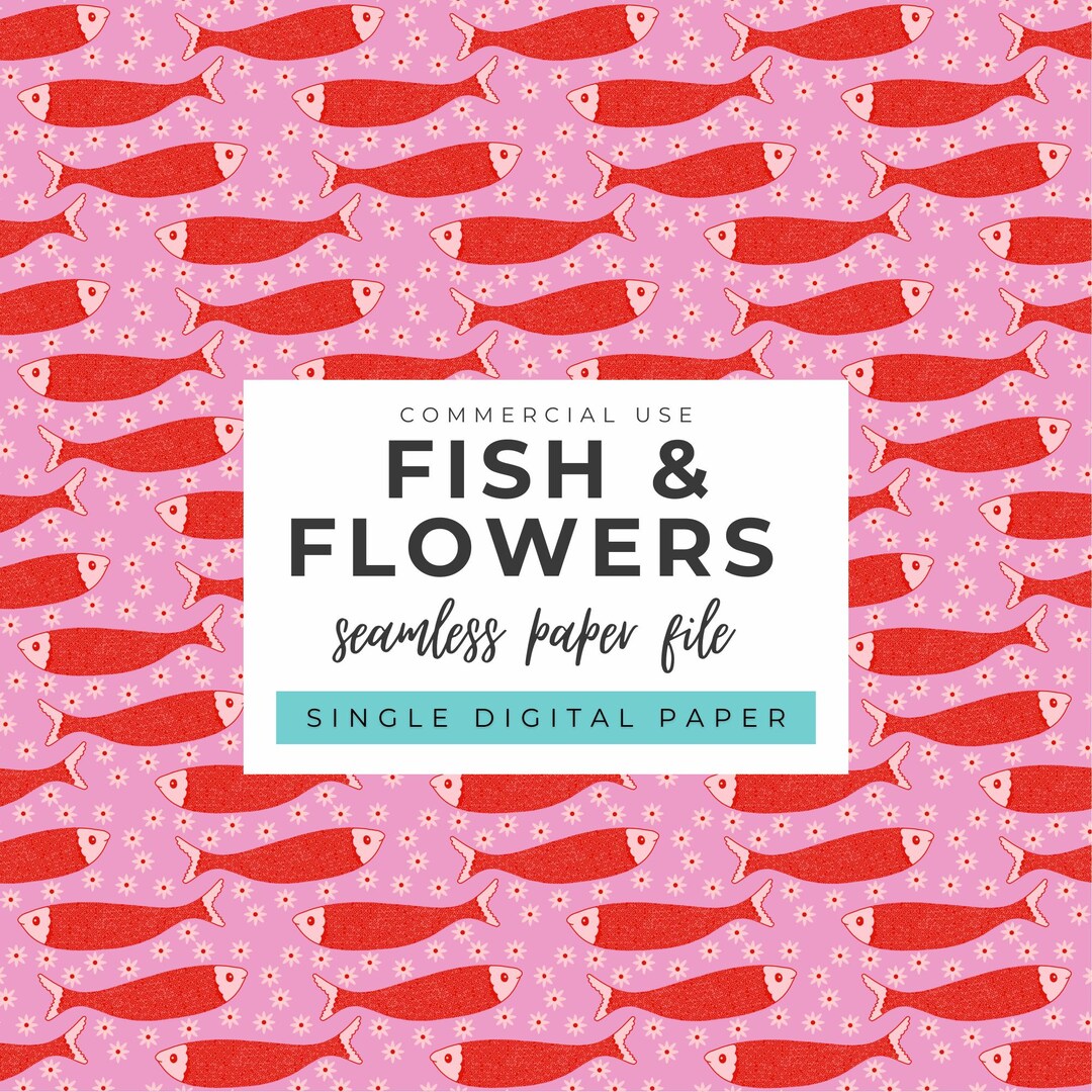 Fish With Flowers Seamless Pattern - Hand Drawn Repeating - Red Pink ...