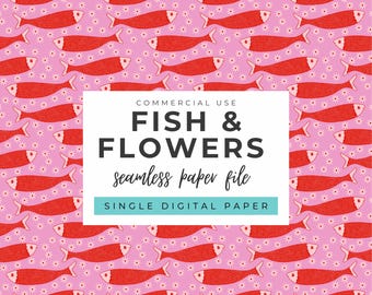 Fish with Flowers Seamless Pattern - Hand Drawn Repeating - Red Pink - Floral Flowery - Sardine Fish - Crafting Scrapbook - 300dpi