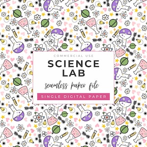 May include: A white background with a repeating pattern of science lab elements, including beakers, atoms, and flowers in pink, purple, green, and yellow. The image includes the text "SCIENCE LAB seamless paper file SINGLE DIGITAL PAPER".