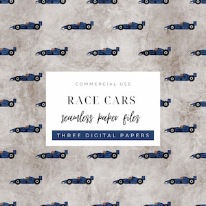 May include: Seamless digital paper featuring a pattern of blue race cars on a textured gray background. The image includes text that reads "Race Cars seamless paper files" and "Three Digital Papers".