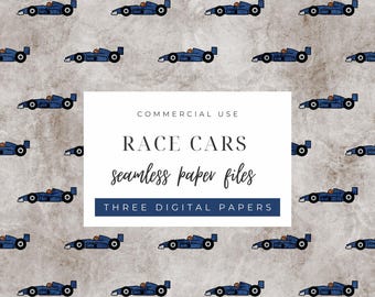 May include: Seamless digital paper featuring a pattern of blue race cars on a textured gray background. The image includes text that reads "Race Cars seamless paper files" and "Three Digital Papers".