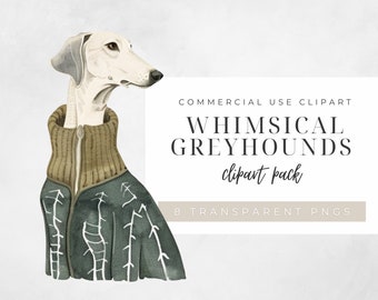 May include: Whimsical Greyhounds clipart pack, featuring a white greyhound wearing a green and brown jacket with a white collar.  The image is a digital illustration, and the text "COMMERCIAL USE CLIPART WHIMSICAL GREYHOUNDS clipart pack 8 TRANSPARENT PNGS" is visible in the background.