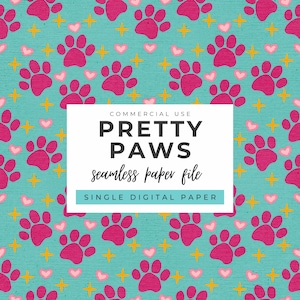 Paw Print Seamless Pattern - Hand Drawn Repeating - Pink Turquoise - Dog Cat Pet Animal Footprint - Doggy Paws - Crafting Scrapbook - 300dpi
