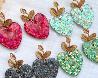 Glittery resin heart earrings, fancy stainless steel dangle earrings, gift for women, glitter