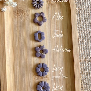 Può includere: Sei ciondoli in argilla a forma di fiore di colore viola con dettagli di glitter dorati. I ciondoli sono disposti verticalmente su una superficie di legno. I nomi Cassie, Alba, Jade, Heloise, Lucy grand trou e Lucy petit trou sono scritti accanto a ogni ciondolo.