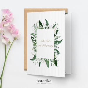 Lily of the Valley Frame Birthday Card in German, May Birth Flowers Design, DIY Floral Greeting, Gift Idea, Printable, Minimalist Style