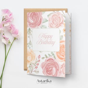 Carte d'anniversaire rose en anglais, fleurs de naissance en juin, voeux floraux à faire soi-même, idée cadeau, imprimable, style minimaliste, cadeau pour petite amie