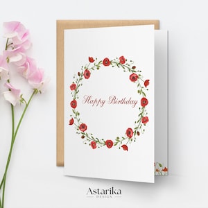 Poppy Birthday Card in English, August Birth Flowers Design, DIY Floral Greeting, Gift Idea, Printable, Minimalist Style, Pretty Florist