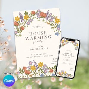 Pode incluir: Um convite para festa de inauguração de casa e um smartphone exibindo o mesmo design digital. O papel tem um fundo creme com uma borda floral de flores amarelas, laranjas e roxas, e o texto HOUSE WARMING PARTY.